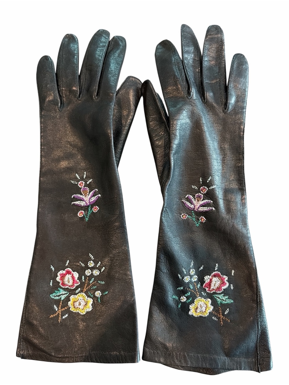 Vintage Black Leather Gloves with Floral Embroidery - Picture 2 of 3
